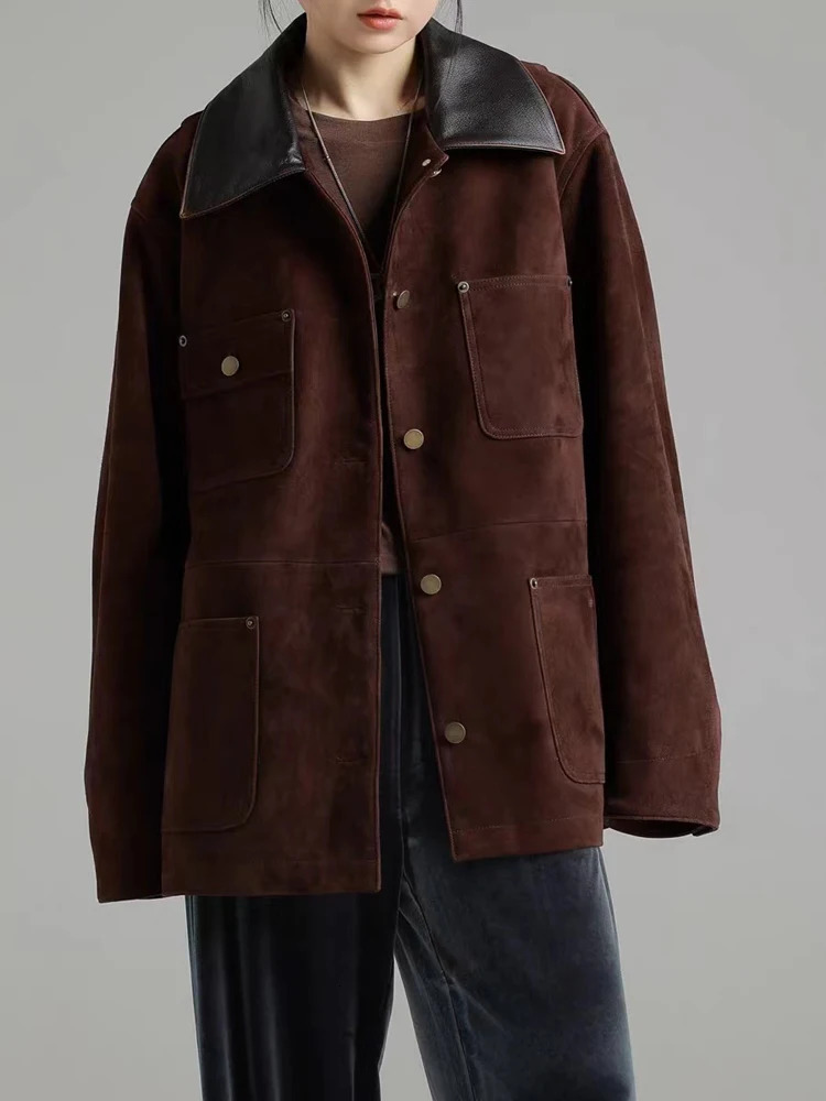 Retro Imported Mixed Sheep Suede Leather Jackets for Women Trendy Soft Kid Medium Long Outwears Female Trench Coat 241227