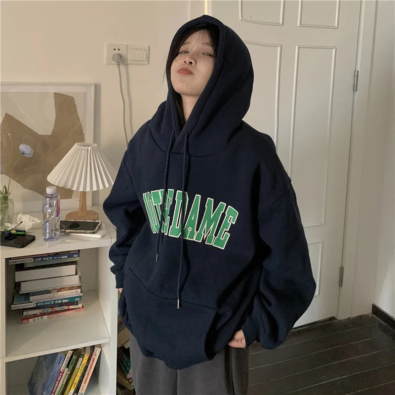 Velvet Hooded Sweatshirt for Women Oversized Printed Shirt American Retro Loose Top Trend 241223