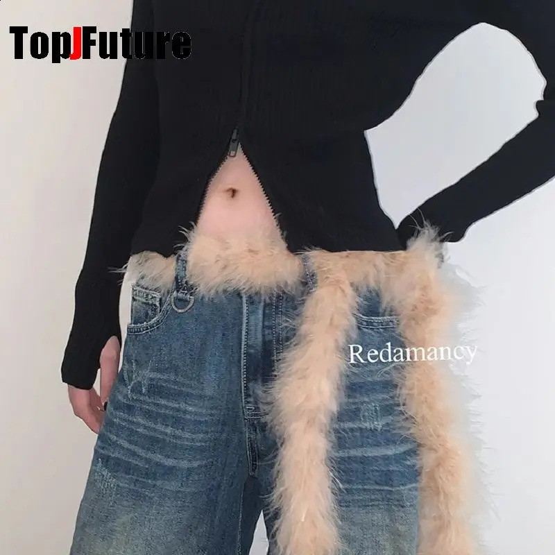 Womens Harajuku Steampunk Y2K The Spice Girls Plush waistband Dark Furry belt Concave shaped decorative waist chain 241226