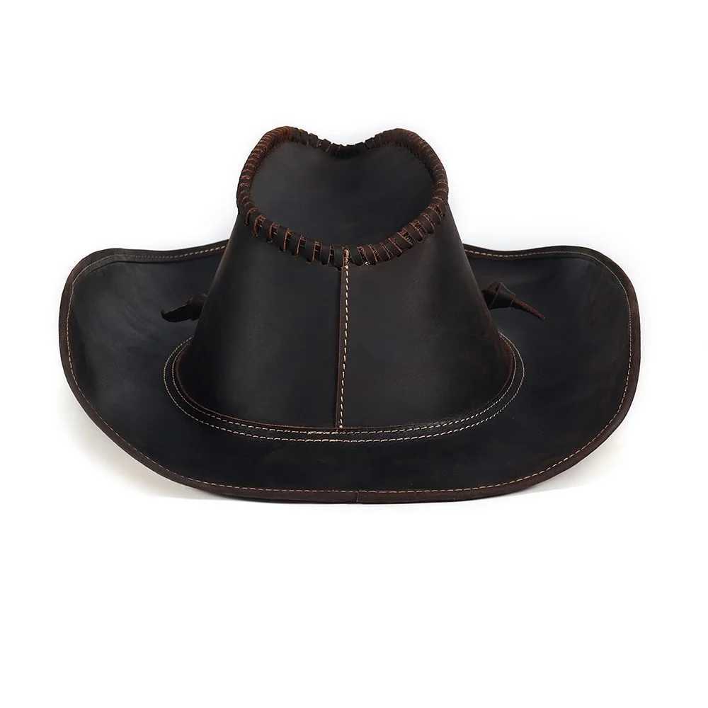Genuine leather mens Western cowboy hat vintage C handmade suit durable large 60CM outer back hat W241225