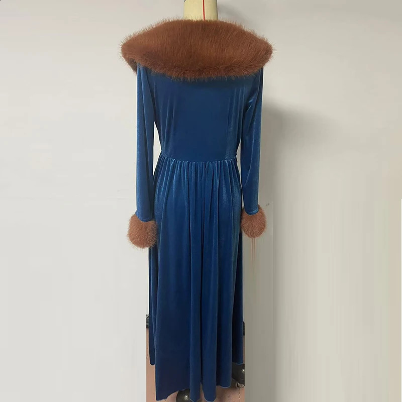 Women Chic Bohemian Fur Collar V-Neck Maxi Dresses Autumn Retro High Waist A-line Dress Loose Pattern Print Party Dress 241224