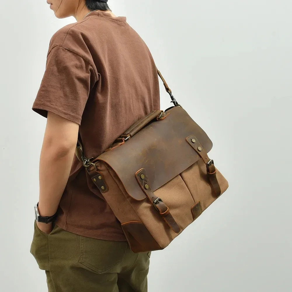 High Quality Portable Briefcase Leather with Canvas American Retro Messenger Bag Shoulder Messenger Bag Multi-purpose 241225