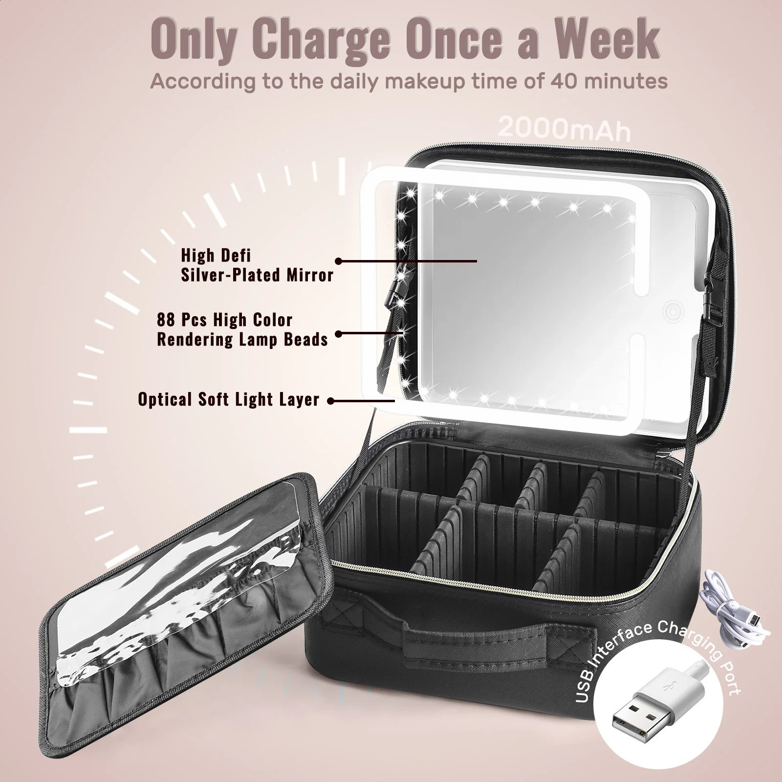 Travel Makeup Bag With LED Lighted Mirror Makeup Train Case With Adjustable Dividers For HomeGiftVacation 241226