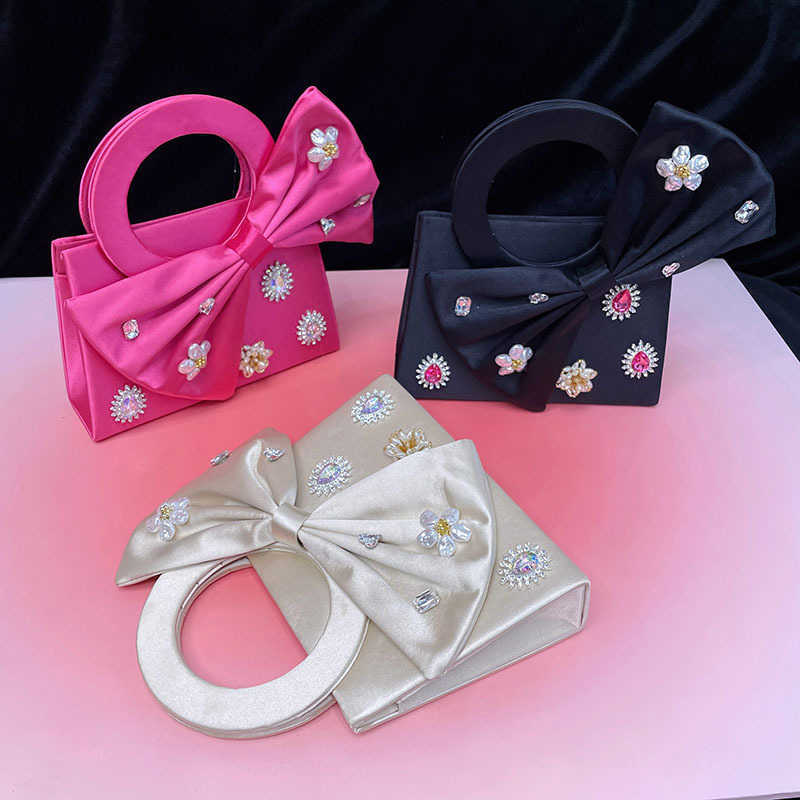 Evening Bags Sweet Trendy Tote Big Bow Small Square Bag with Shiny Non Functional Diamond Studded Water Droplet Flower Handbag 241226