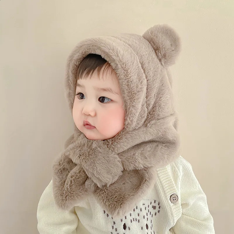 Winter Baby Hat Scarf OnePiece Faux Fur Kids Hats Cartoon Bear Warm Neck Ear Cap for Boys Girls Windproof Beanies Infant Stuffs 241225