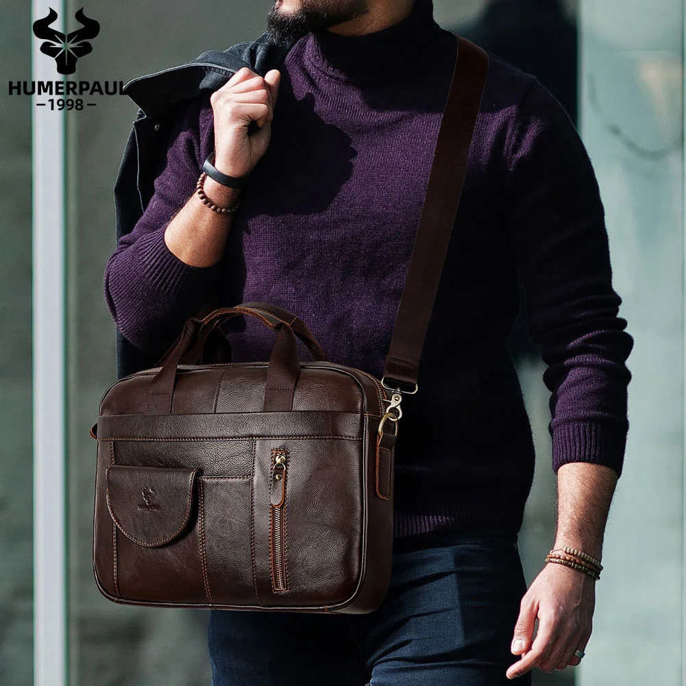 HUMERPAUL Mens Briefcase Bag Top Layer Leather Handcrafted Laptop Bag with Multiple Compartments Business Shoulder Messenger 241225