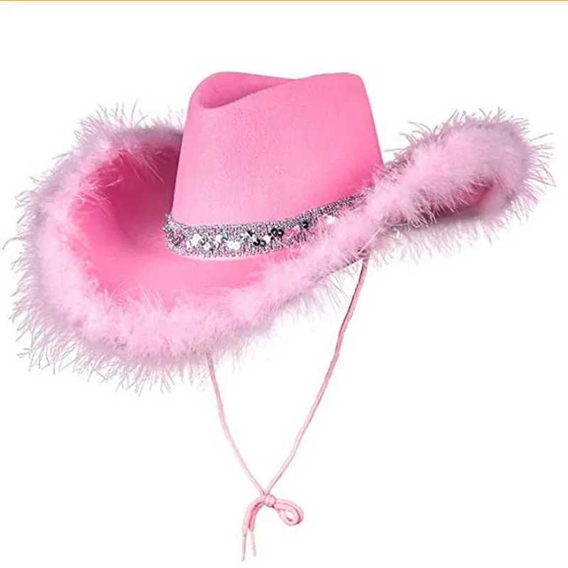 Sequined embroidered womens denim hat fashionable fur cushion wide Brim Panama Cs sun hat denim hat party hat W241225