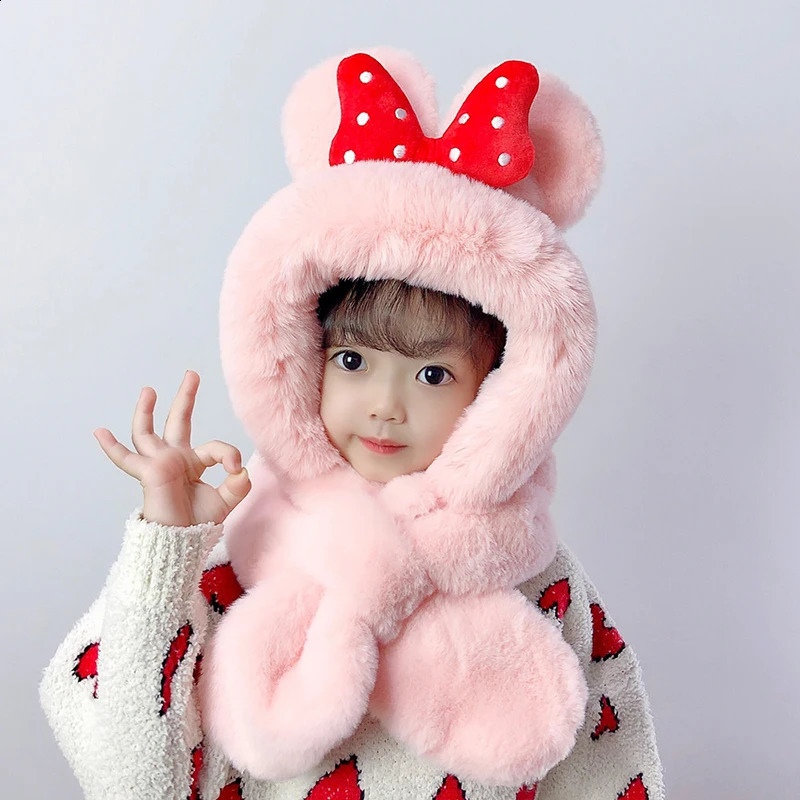 Cute Bow Winter Children Plush Scarf Hat 16year Baby Girl Ear Protection Cap Kids Cross Neckerchief Windproof Warm Fur Beanies 241225