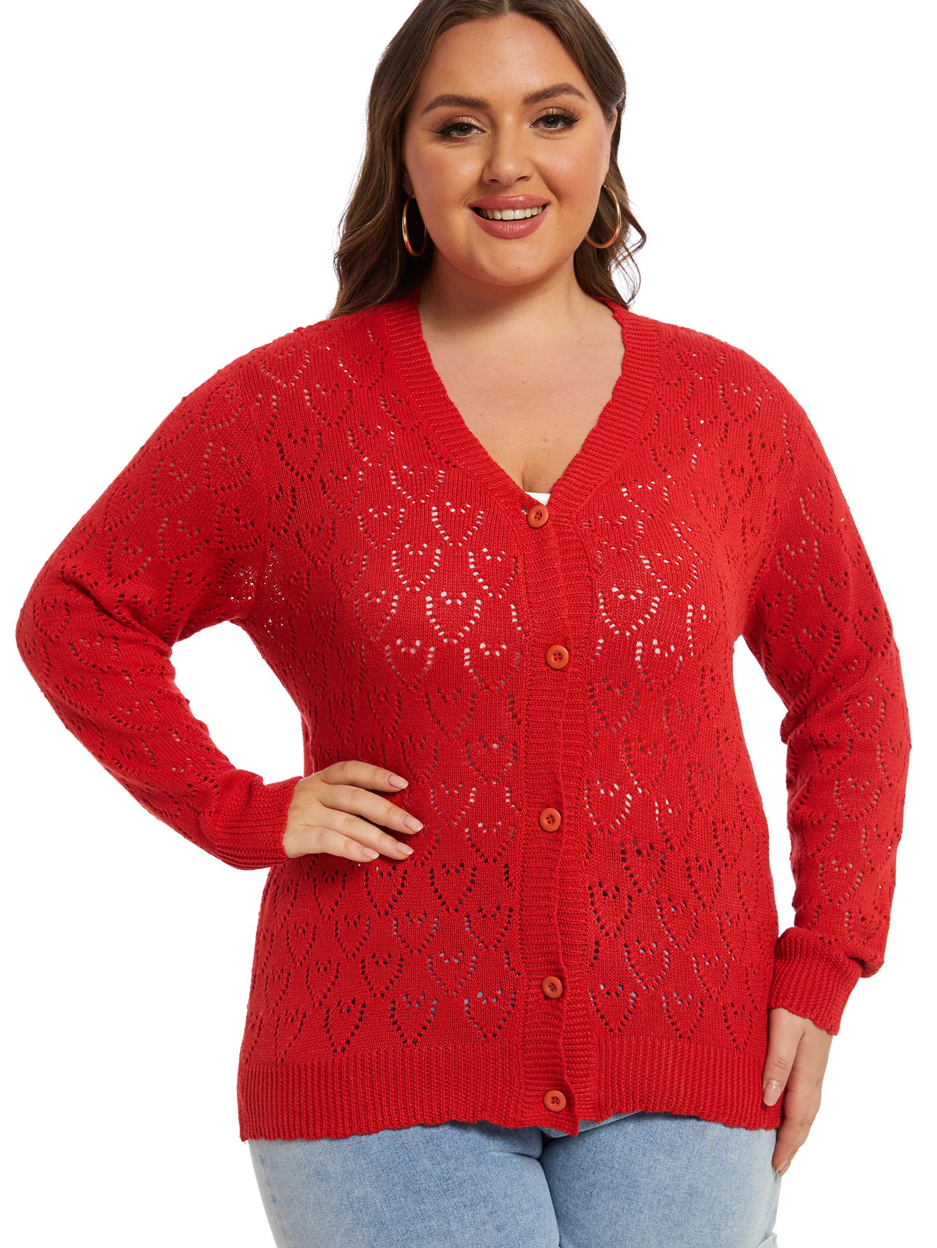 Plus Size Heart Print Long Sleeve Cardigan Womens Slight Stretch Casual Sweater 241225