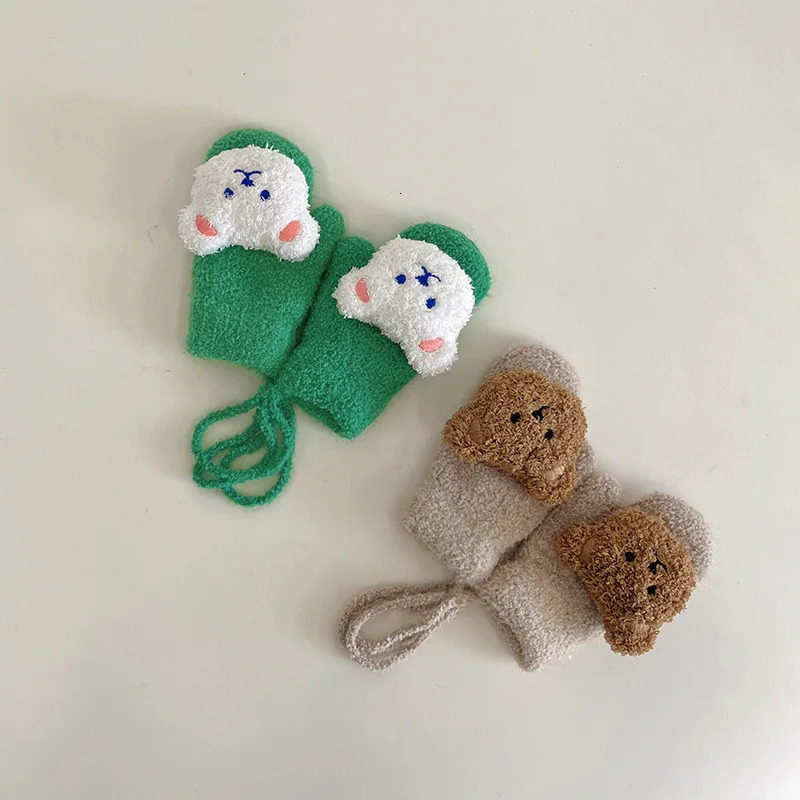 Cartoon Bear Baby Mittens Winter Warm Kids Girl Gloves Knitted Children Toddler Thick Teething Mitten Handschoen 14Y 241225
