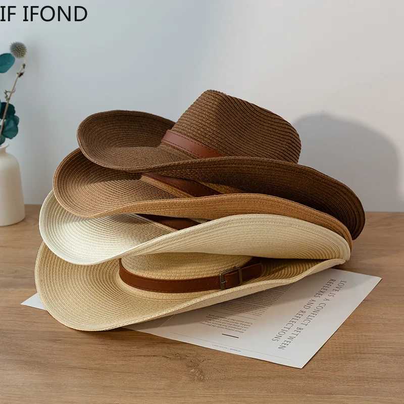 New Design Natural Per Western Cowboy Hat 13CM Wide Brim Womens Summer Beach Hat Panama Cowboy Girl Jazz Sun Hat W241225