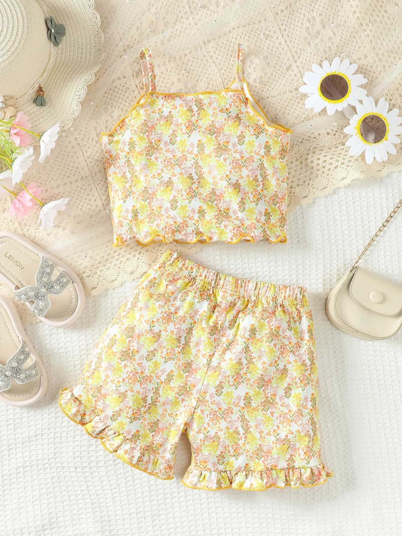 Clothing Sets 2PCS Summer Kid Girls Lovely Clothes Set Floral Sling Top with Shorts Fresh Pastoral Daily Casual Costume Childre Girl 4-7 YearsY241225E