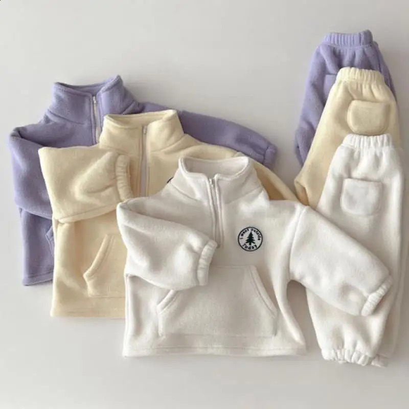 Autumn Baby Boys Clothing Sets Children Thicken Plush Clothes Girls Solid Cotton High Collar Tops Pant 2 Pieces Suits 241225