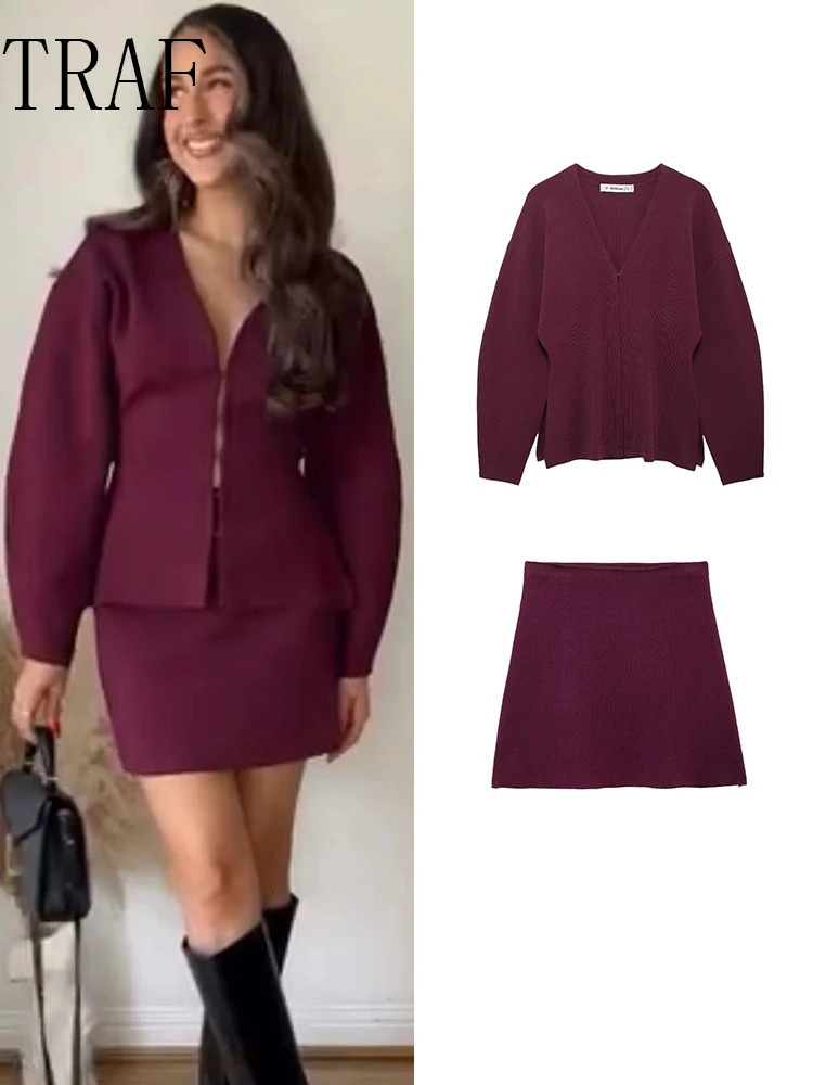 TRAF Autumn Skirt Set Woman Knitted Cardigan 2024 V Neck Loose Sweater Stretch Skirts Winter Office Lady 241220