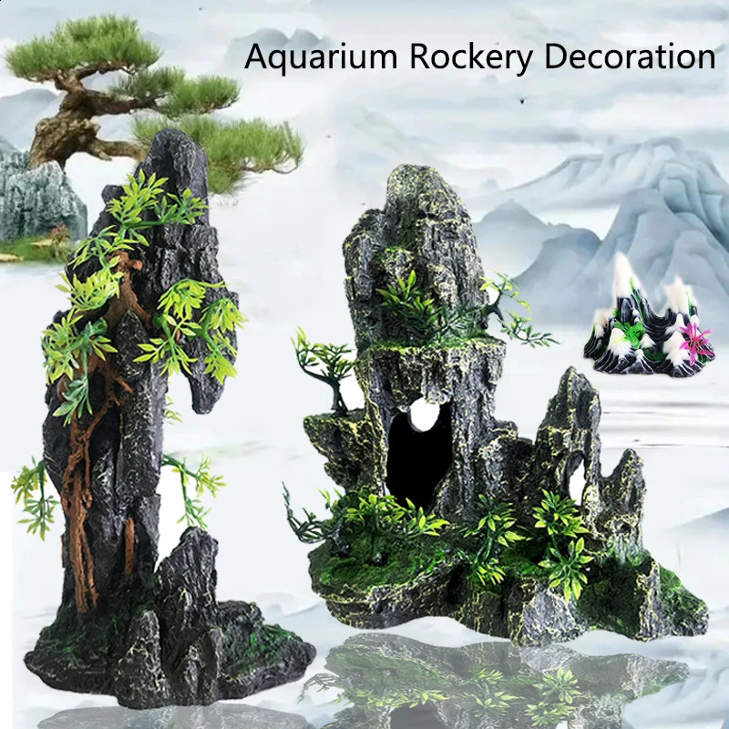 Resin Aquarium Rockery Mountain Decoration Artificial View Rock Cave Stone Tree Fish Tank Ornament Pet Supplies Home Decor 241225