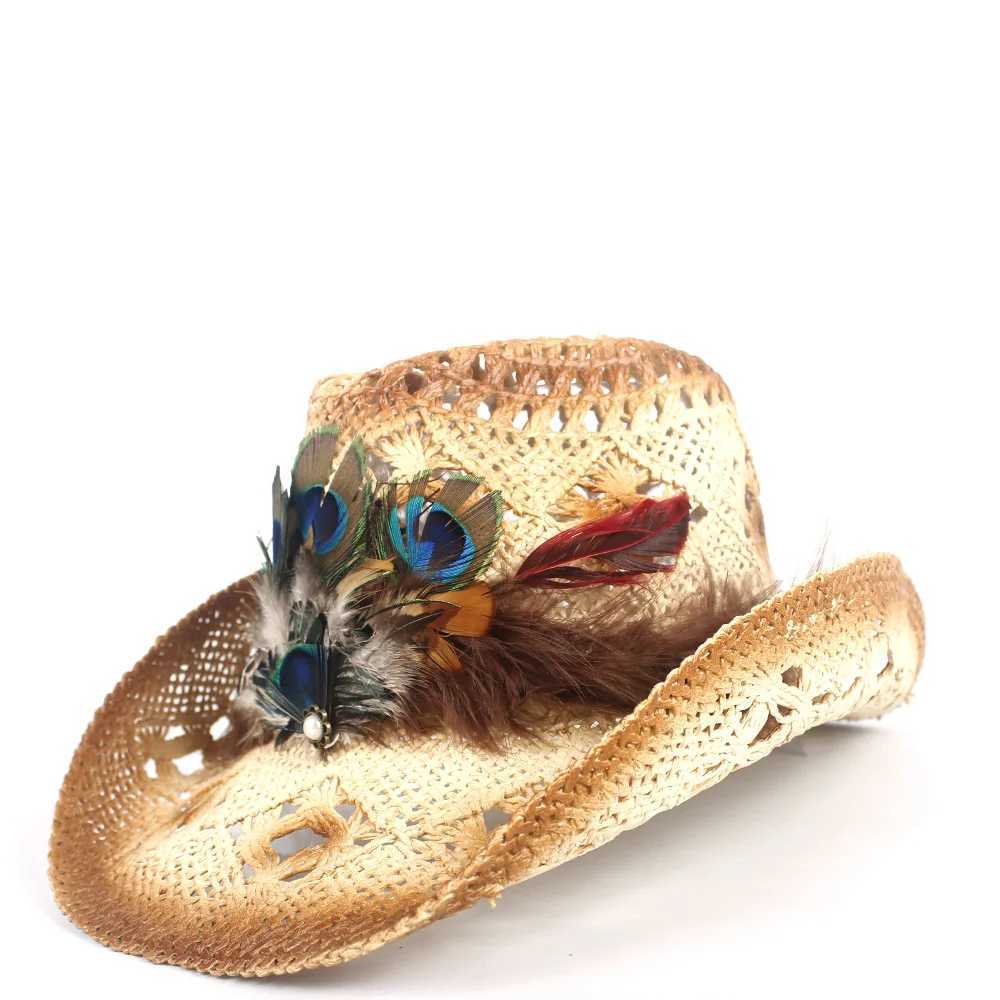 Womens Str Hollow Western Cowboy Hat La Handmade Peacock Feather Straw Hat Hombre Beach Cowboy Girl Jazz Sun Hat Size 56-58CM W241225