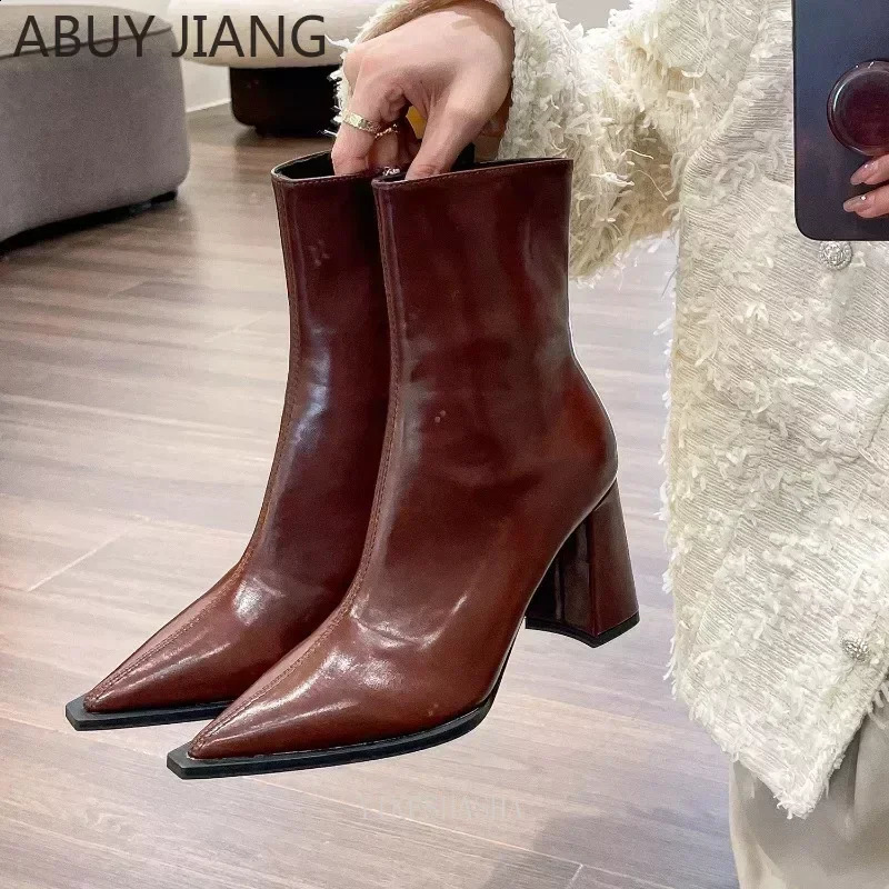 Back Zipper Short Womens Shoes Vintage Brown Pointed Toe High Heeled Boots Women Boots Heels Women Ankle Boots for Women 241226