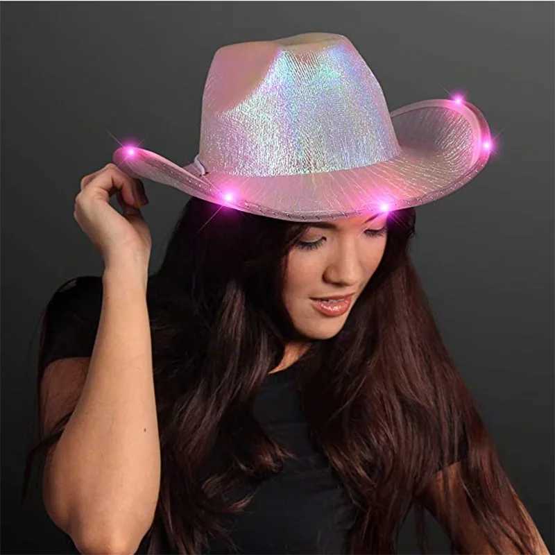 Western style cowboy hat retro style sequin LED light Brim jazz top hat Birtay party nightclub felt denim C W241225