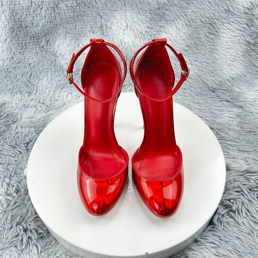 Laser Red Patent Leather Women Ankle Strap D'orsay Pumps 12Cm High Heels Cute Mary Jane Red Inside Stilettos Party Shoes