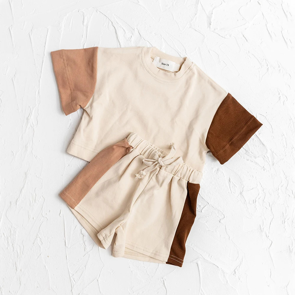 2025 Summer Toddler Girls Cotton Short Sleeve TopShorts Set Baby Boys Shortsleeve Tee Outfits Sets Kids Stitching Color Clothes 241225