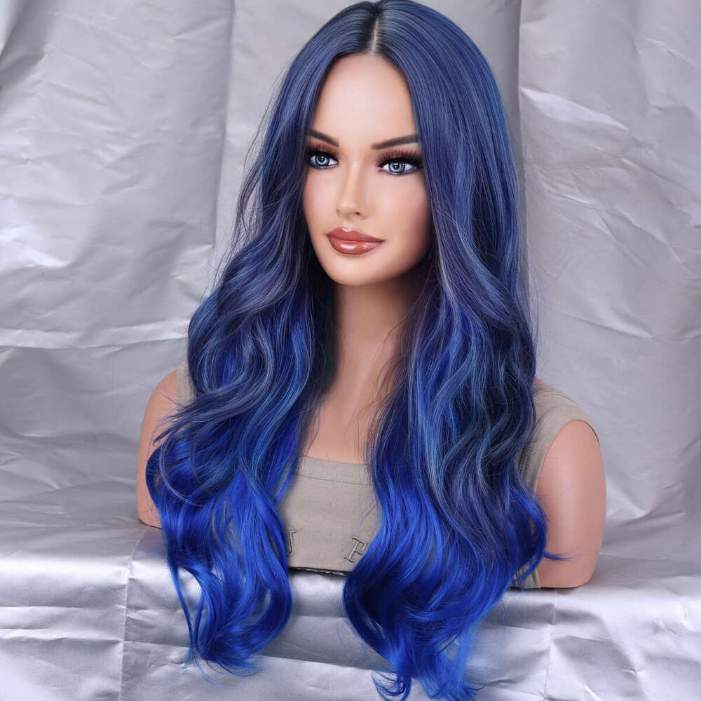 New Mid Split Blue Dyed Long Curly Synthetic High-Temperature Silk Wig Headband Hairwigs Kq1 Kq1