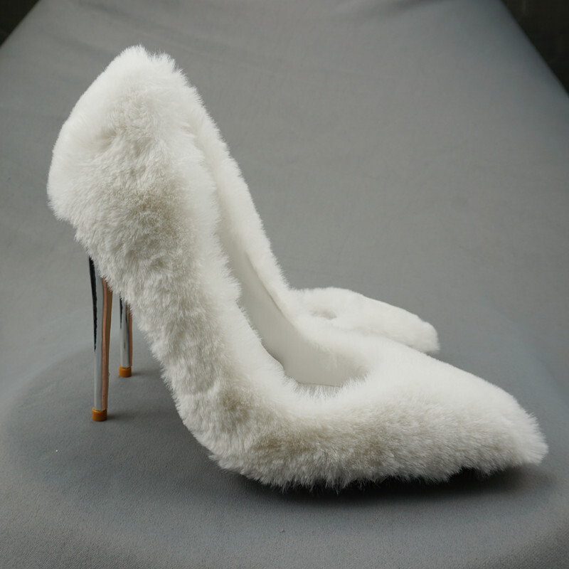 Noenname_Null-Wedding Shoes High Heels Platform Pumps Woman Party Dress Stiletto White Plush High-Heeled Shoes 12Cm