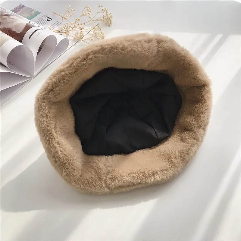 Leopard Faux Fur Bucket Baby Hat Solid Color Plush Fisherman Kid Cap With Ear Winter Warm Infant Panama For Girl Boy 241225