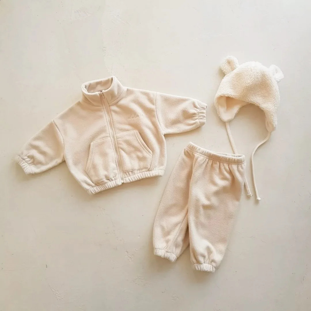 High Collar Floral Shirts Set For Baby Boy And Girl Thick Cotton Tops Pants Monochrome Plus Velvet Warm Kids Autumn 241225