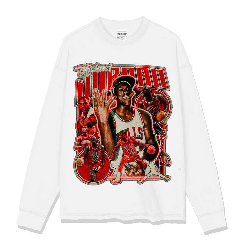 MJ Flying Man Printed Wide Short Sleeve T-shirt Washed American Pure Cotton Round Neck Hoodie