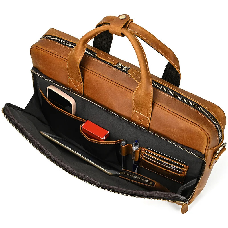 Crazy Horse Genuine Leather Briefcase For Man 16 inch PC Cow Leather Male Messenger Shoulder Bags Laptop Business Office Handbag 241225