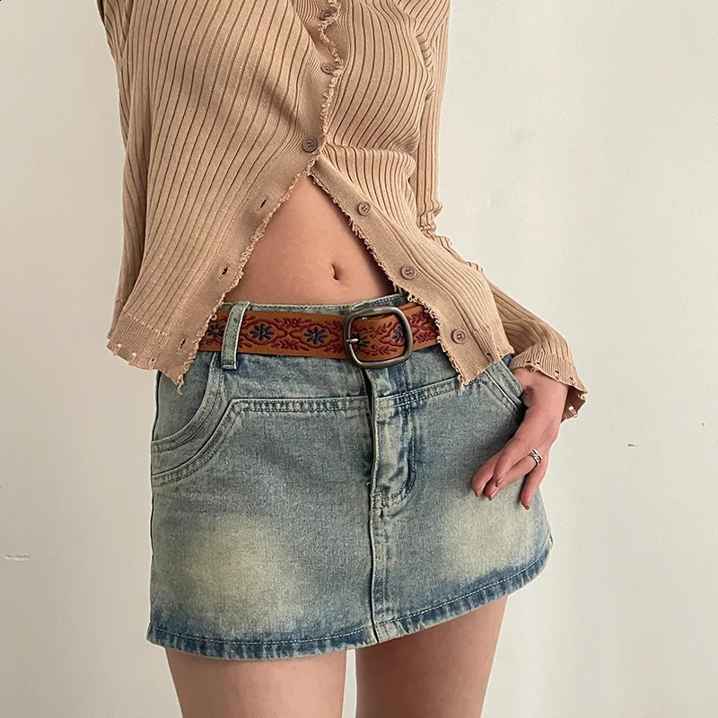 Pattern Print Retro Y2K Belts For Women Buckle Pin Waist Belt Female Pu Leather Hip Hop Fashion Waistband 241226