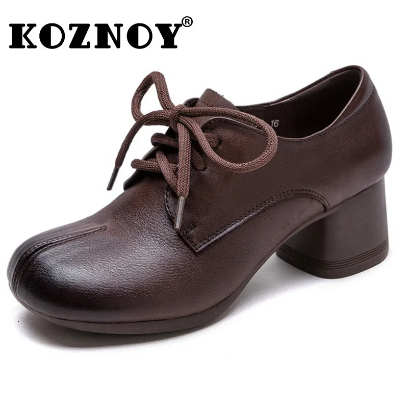 Koznoy 5cm Ethnic Platform Wedge Round Shallow Chunky Heels Ladies Lace Up Autumn Shoes Women Genuine Leather Spring 241225
