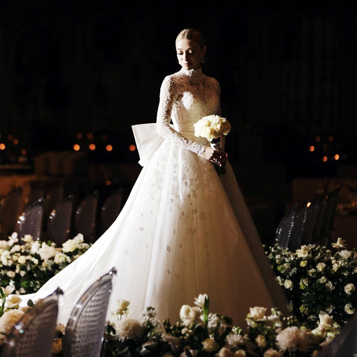 Long Sleeves Princess Wedding Dresses With Bow Back Lace Appliques High Neck Elegant Bridal Gowns Ivory Pretty Robe De Mariee 2025
