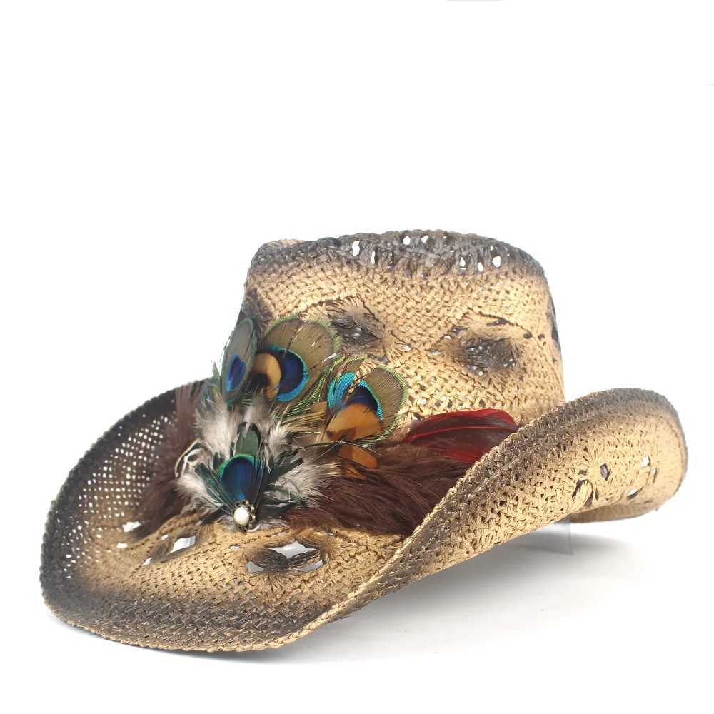 Womens Str Hollow Western Cowboy Hat La Handmade Peacock Feather Straw Hat Hombre Beach Cowboy Girl Jazz Sun Hat Size 56-58CM W241225