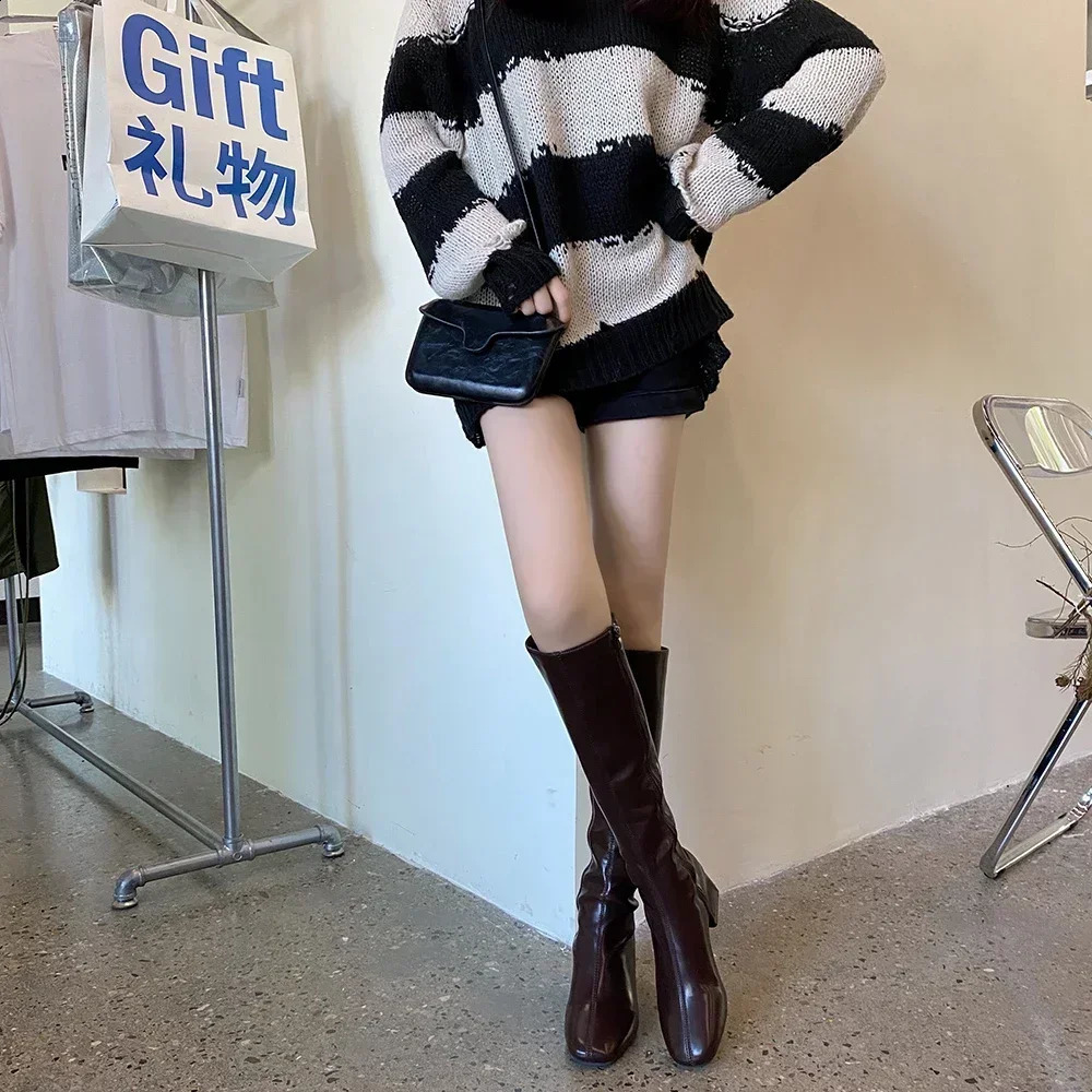 Knee-length Boots Women Womens Rubber Shoes Sexy Square Heel Thigh High Heels Winter Heeled Booties Black 241226