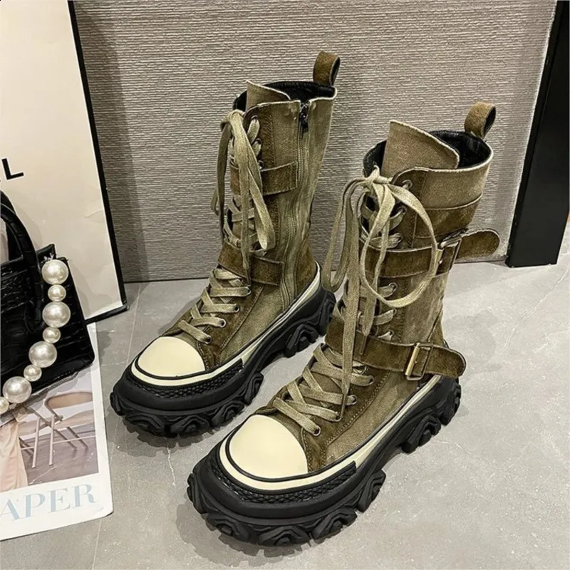 Thick platform women boots vintage canvas tooling High top knight boots Round head muffin sole side zip Belt buckle boots C21 241226