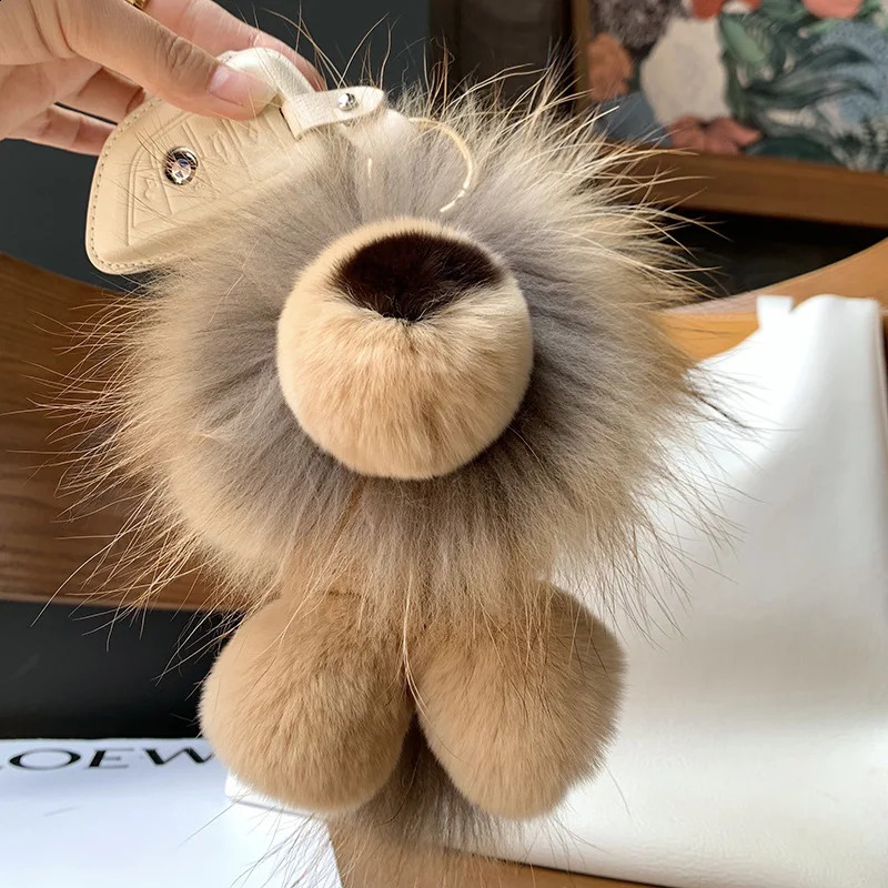 Cute Lion Real Rex Rabbit Fur Keychain Plush Toys Trinkets Women Bag Ornaments Pendant Car Keyring Rearview Mirror Decoration 241226