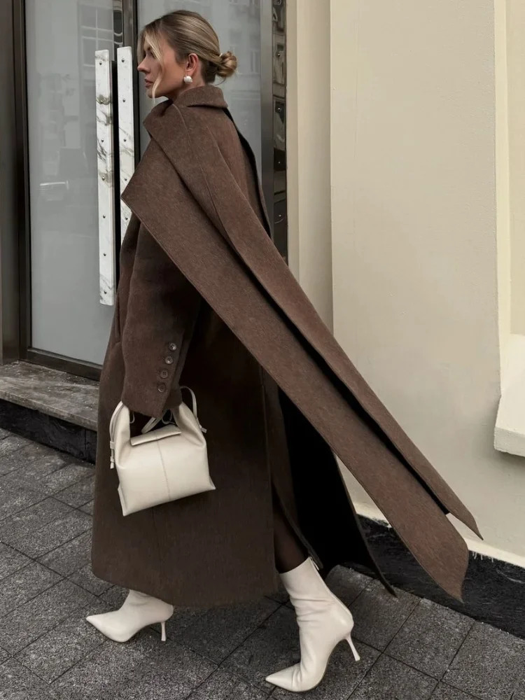 Elegant Vintage Woolen Overcoat For Women Single Breasted Scarf Loose Jacket Pocket Casual Coat 2024 Autumn Lady Outerwear 241225