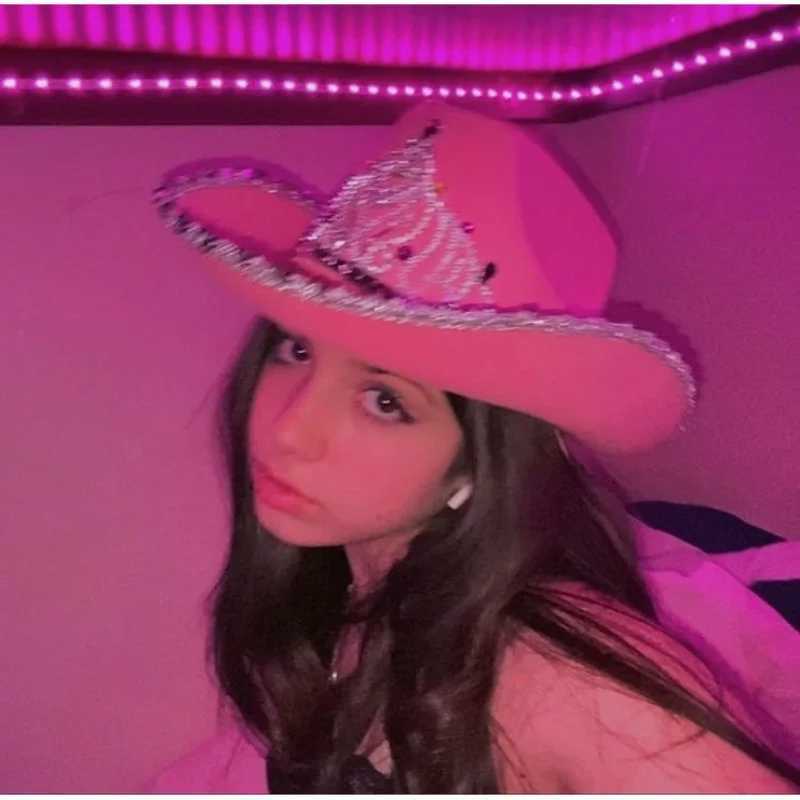 Western style denim hat pink womens Birtay party Cs decorated with feather sequins crown headpiece night club denim hat W241225