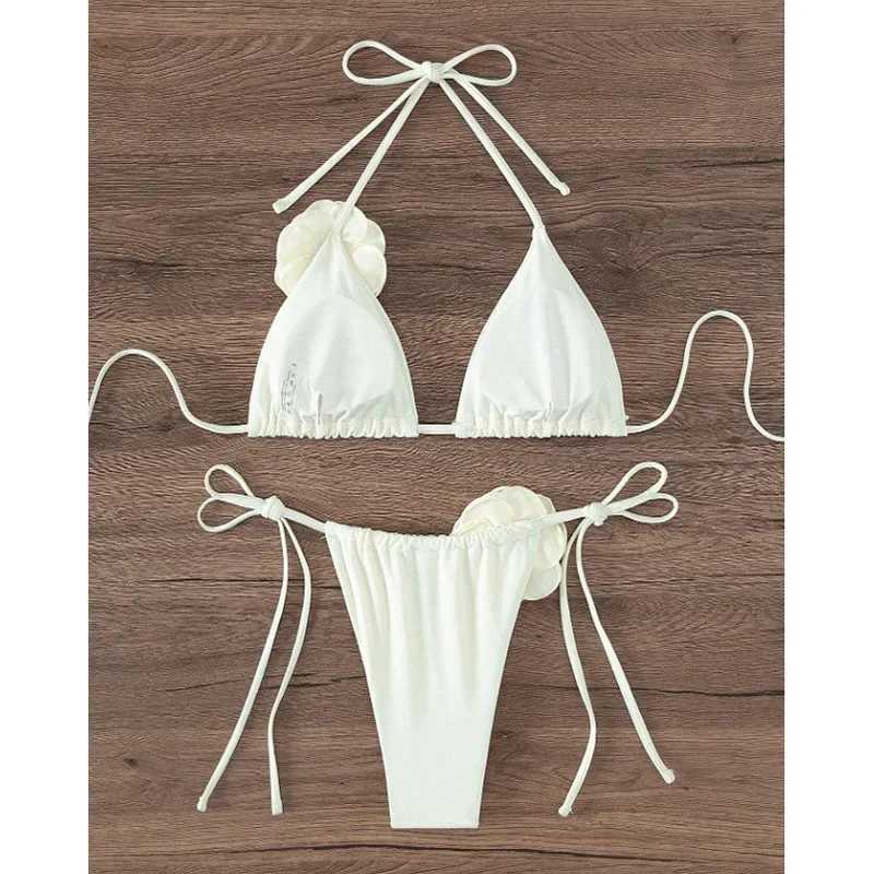 Summer womens solid color swimsuit sexy backless pure cotton swimsuit fashionable suspension split bikini setW241225