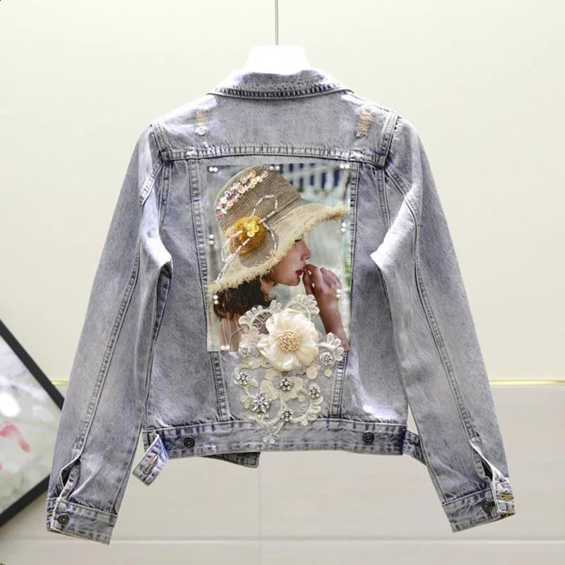 Slim Fit Cow Coat Woman Small With Rhinestones Short Crop Sequin Diamonds Denim Jacket for Women In Demi-season 241223