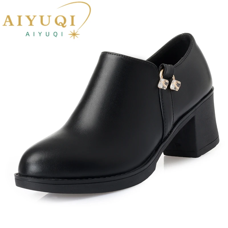 AIYUQI Spring Shoes Women High Heel Genuine Leather Round Toe Rhinestone Women Daily Shoes Fashion Ladies Dress Shoes
