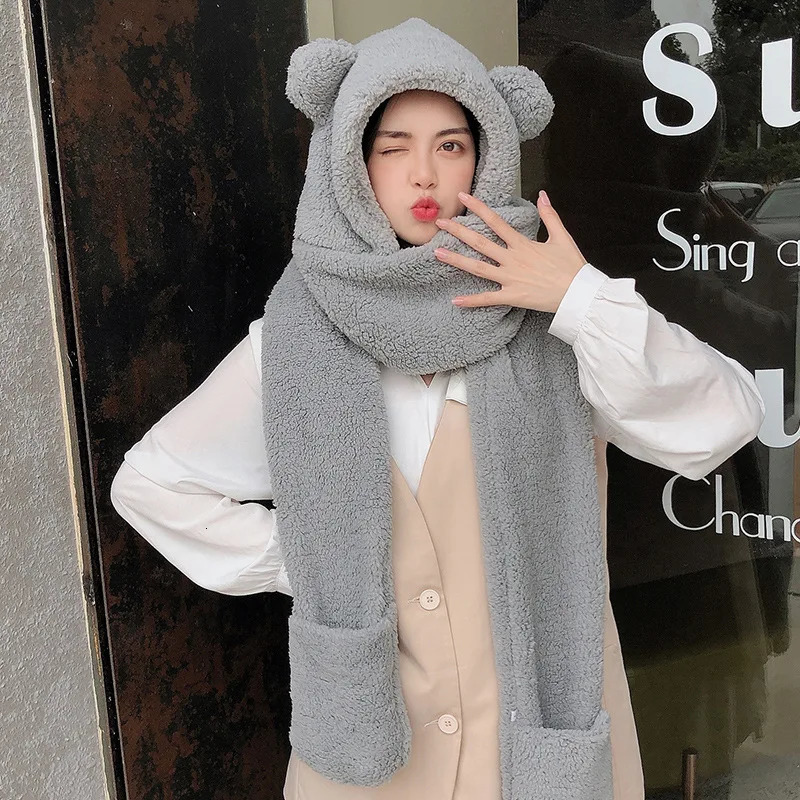 Lamb Velvet Hat Woman Winter Warm And Cold Hooded Scarf Gloves 3-in-1 Sets Female Cute Bear Ear Protection Cotton Cap With Ears 241225