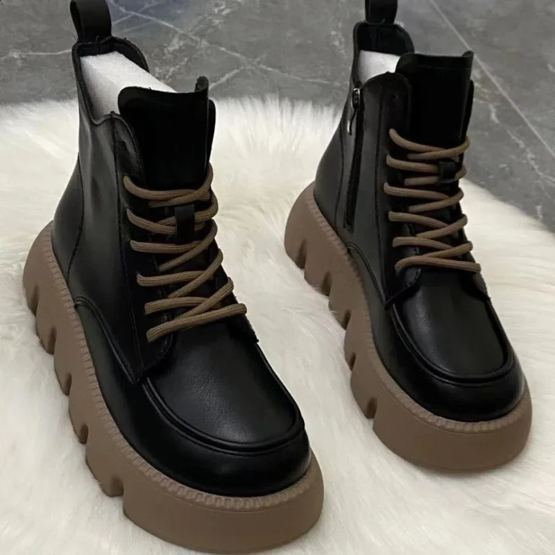 Platform Short Shoes for Women with Laces Footwear Punk Booties Black Combat Lace-up Female Ankle Boots Round Toe Leather Boot 241226