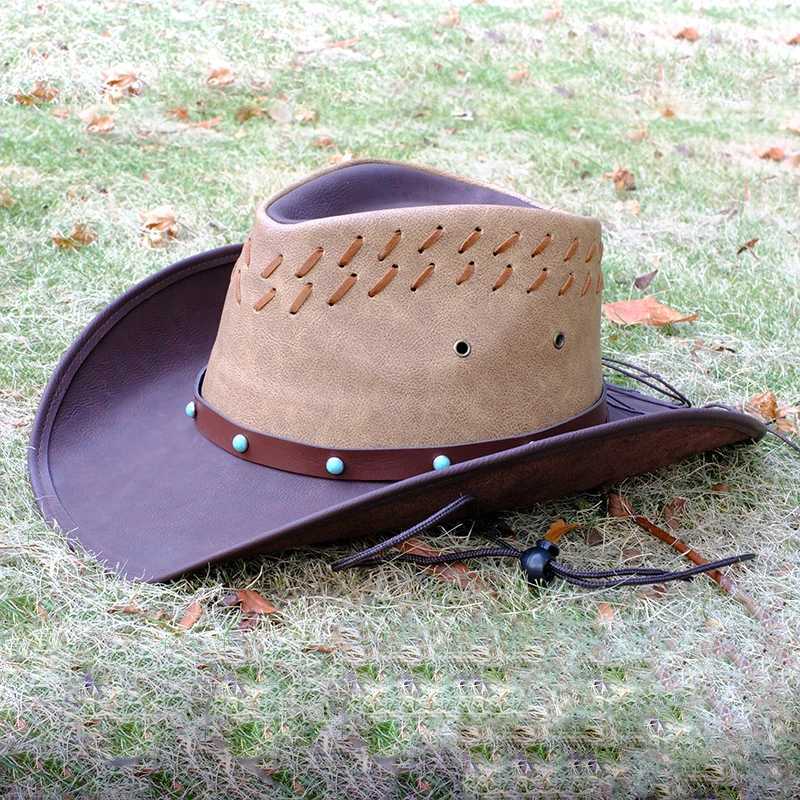 Retro turquoise bead belt womens PU roll width Brim Sombrero Sun C beach denim Western hat adjustment W241225