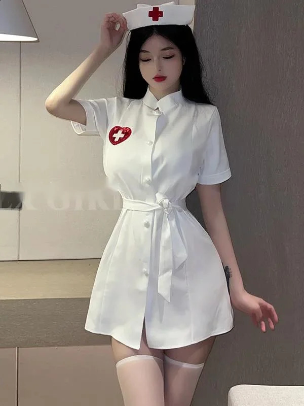 Sexy Nurse Performance Costumes Tie Up Female Off White Belt Loose Dress Role-playing JK Uniform Soft Girl Trendy Clothes 2V9U 241226
