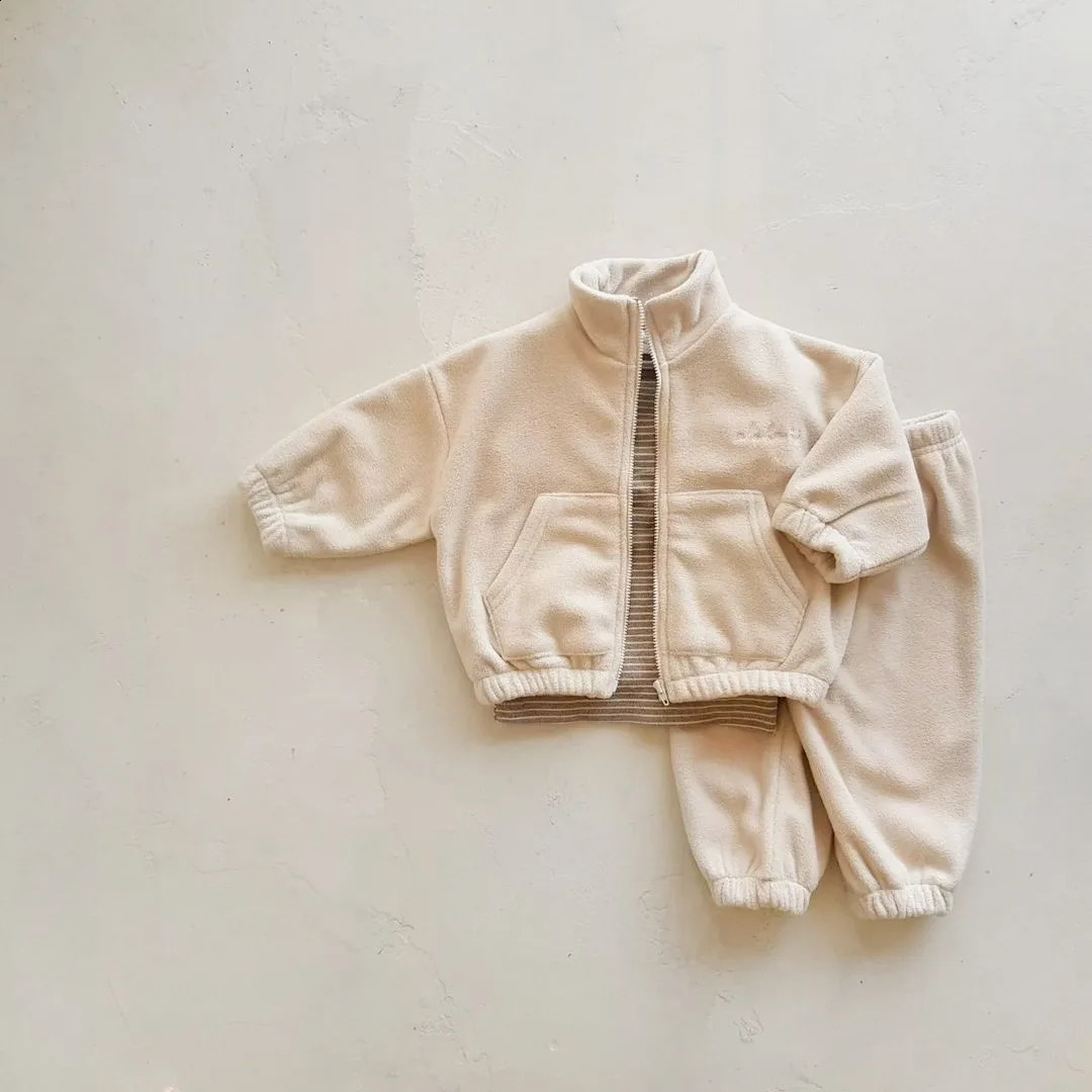 High Collar Floral Shirts Set For Baby Boy And Girl Thick Cotton Tops Pants Monochrome Plus Velvet Warm Kids Autumn 241225
