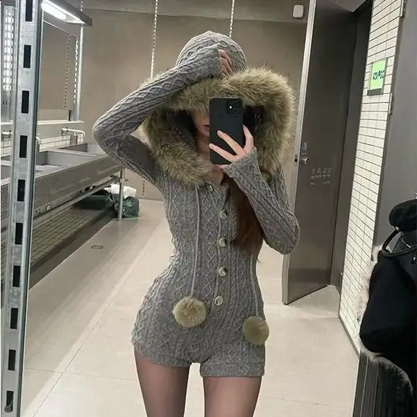 Jumpsuit Women Winter Versatile Fashionable Soft Lazy Slim Hooded Small Fur Collar Ins 241224