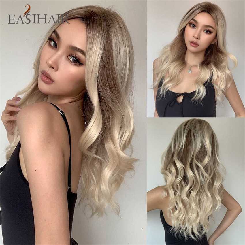 Synthetic Wigs Easihair Ombre Blonde with Highlight Lace Front Wig Long Wavy Natural Synthetic for Women Cosplay Heat Resistant 230227 Hair Wigs