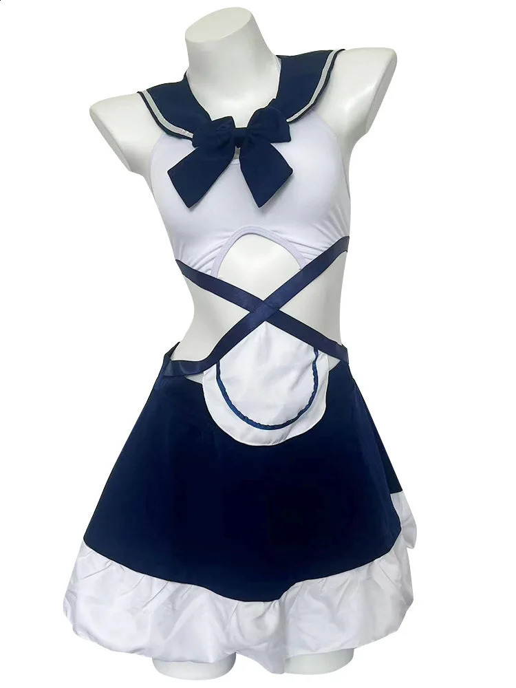 Sexy Girl JK College Style Dress Elegant Sailor Collar Bow Waist Hollow Color Blocking Lotus Leaf Edge Sweet Dresses NHAG 241226